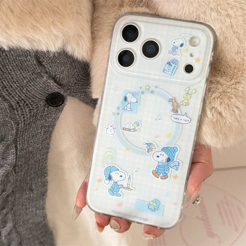 Ins Plaid Kawaii Snoopy Magnetic Phone Case for iPhone 17 Pro 13 14 15 16 Pro Max Cover With Magsafe Stand Cute Shockproof Funda