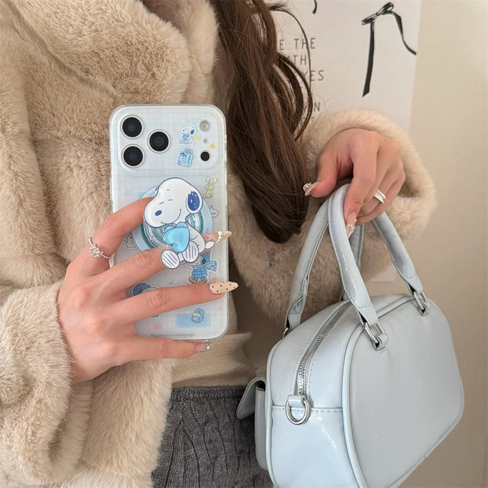 Ins Plaid Kawaii Snoopy Magnetic Phone Case for iPhone 17 Pro 13 14 15 16 Pro Max Cover With Magsafe Stand Cute Shockproof Funda