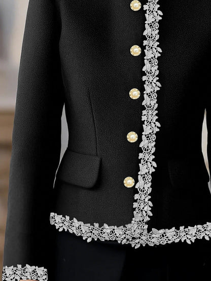 New Autumn/Winter Collection: Stylish and Elegant Women's Blazer Featuring Pearl Buttons and Contrasting Lace Trim