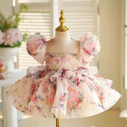 J410 Lovely Floral Pink Girl Dress Puff Sleeves for Kids Princess Holiday Birthday Party Ball Gown