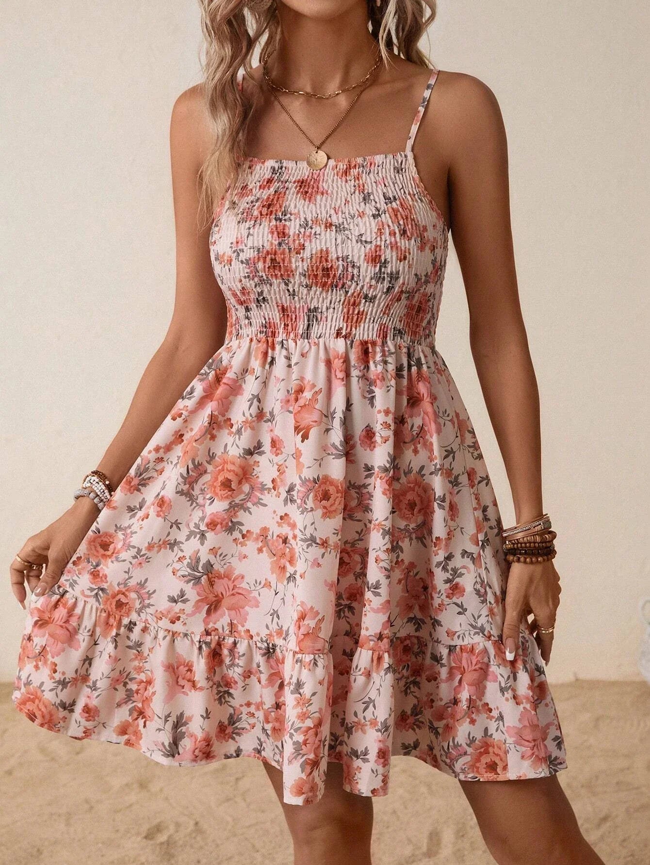 Women's Floral Print Shirred Spaghetti Strap Dress - Summer Boho Ruffle Sundress Casual Beach Maxi Dress