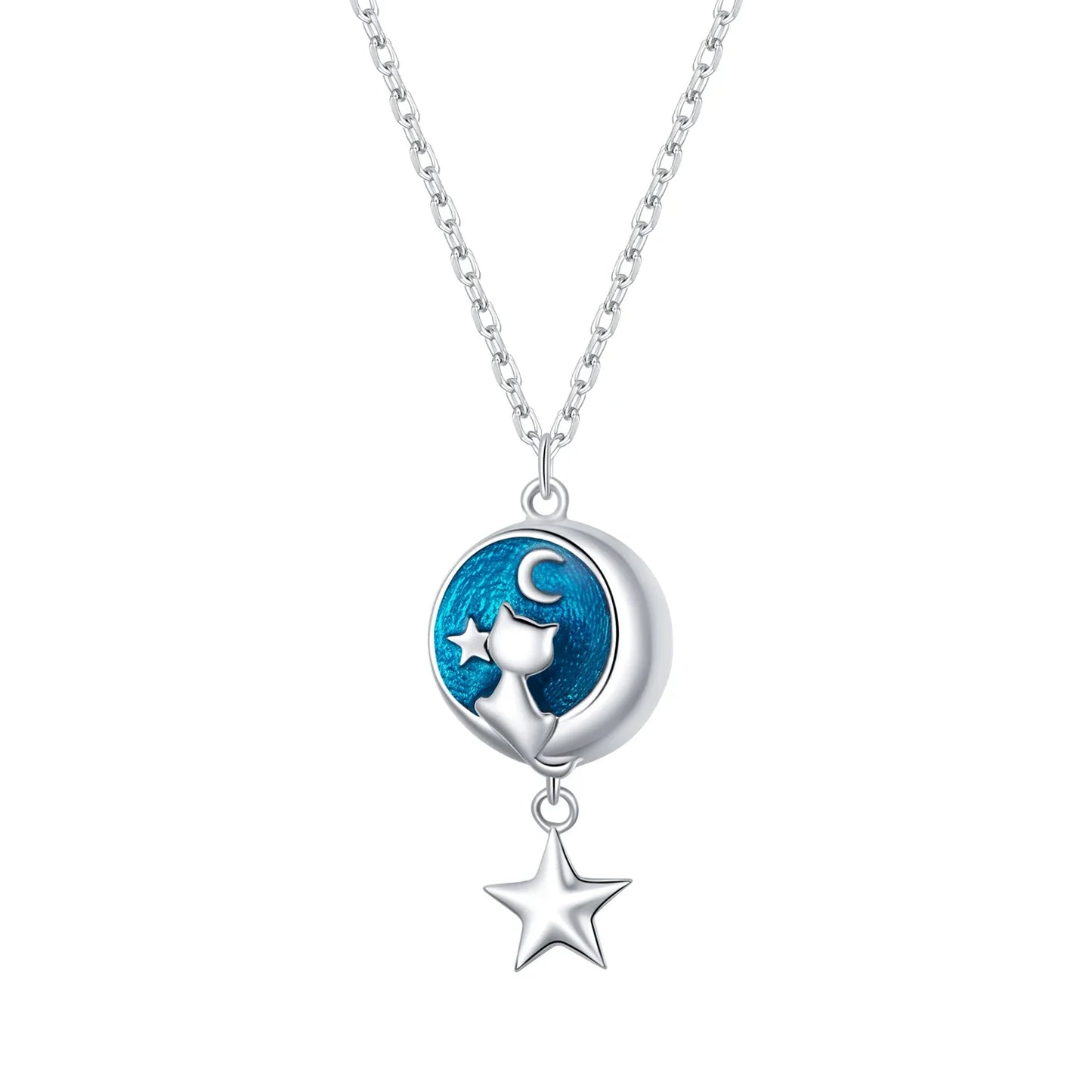 Genuine 925 Sterling Silver Blue Enamel Moon & Cat Pendant Necklace Star Neck Chain for Women Gift Fine Jewelry SCN422