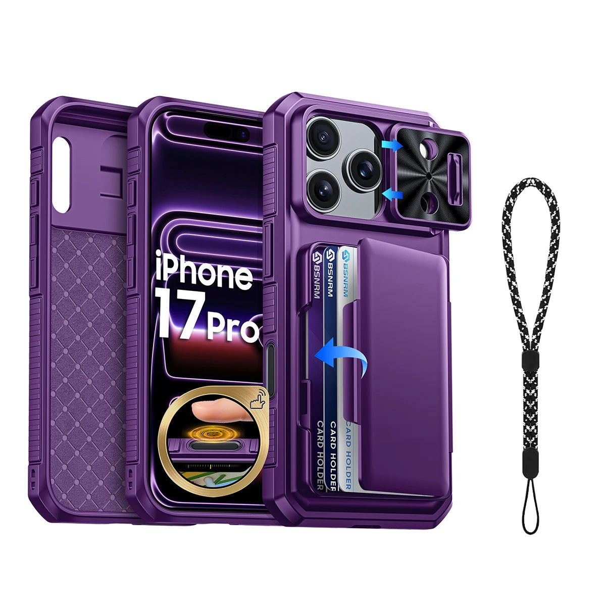 Halloween Gifts With Card Holder Sliding Camera Cover And Stand For iPhone 17 Pro Case,Anti-Fall PC+TPU Wallet Case-Black