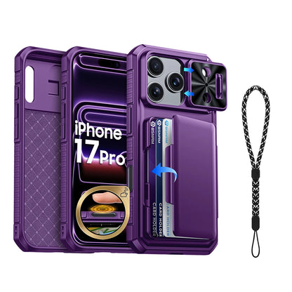 Halloween Gifts With Card Holder Sliding Camera Cover And Stand For iPhone 17 Pro Case,Anti-Fall PC+TPU Wallet Case-Black