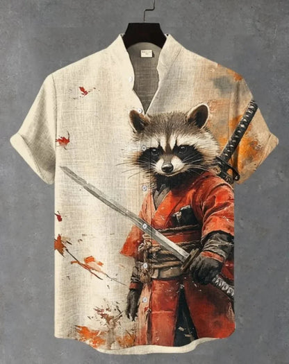 Men's Samurai Hawaiian Shirt Casual Short Sleeve Top Loose Clothing Fashion Retro Summer Shirt