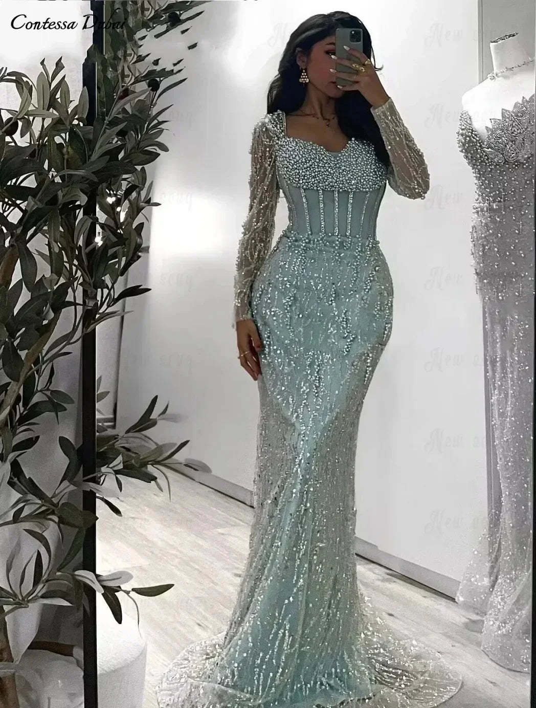 Contessa Custom Luxury Mint Green Mermaid Evening Gown Long Sleeve Corset Heavy Beaded Pearls Dubai Prom Dress Formal Party