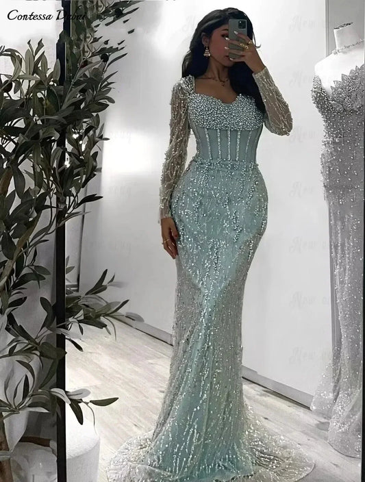 Contessa Custom Luxury Mint Green Mermaid Evening Gown Long Sleeve Corset Heavy Beaded Pearls Dubai Prom Dress Formal Party