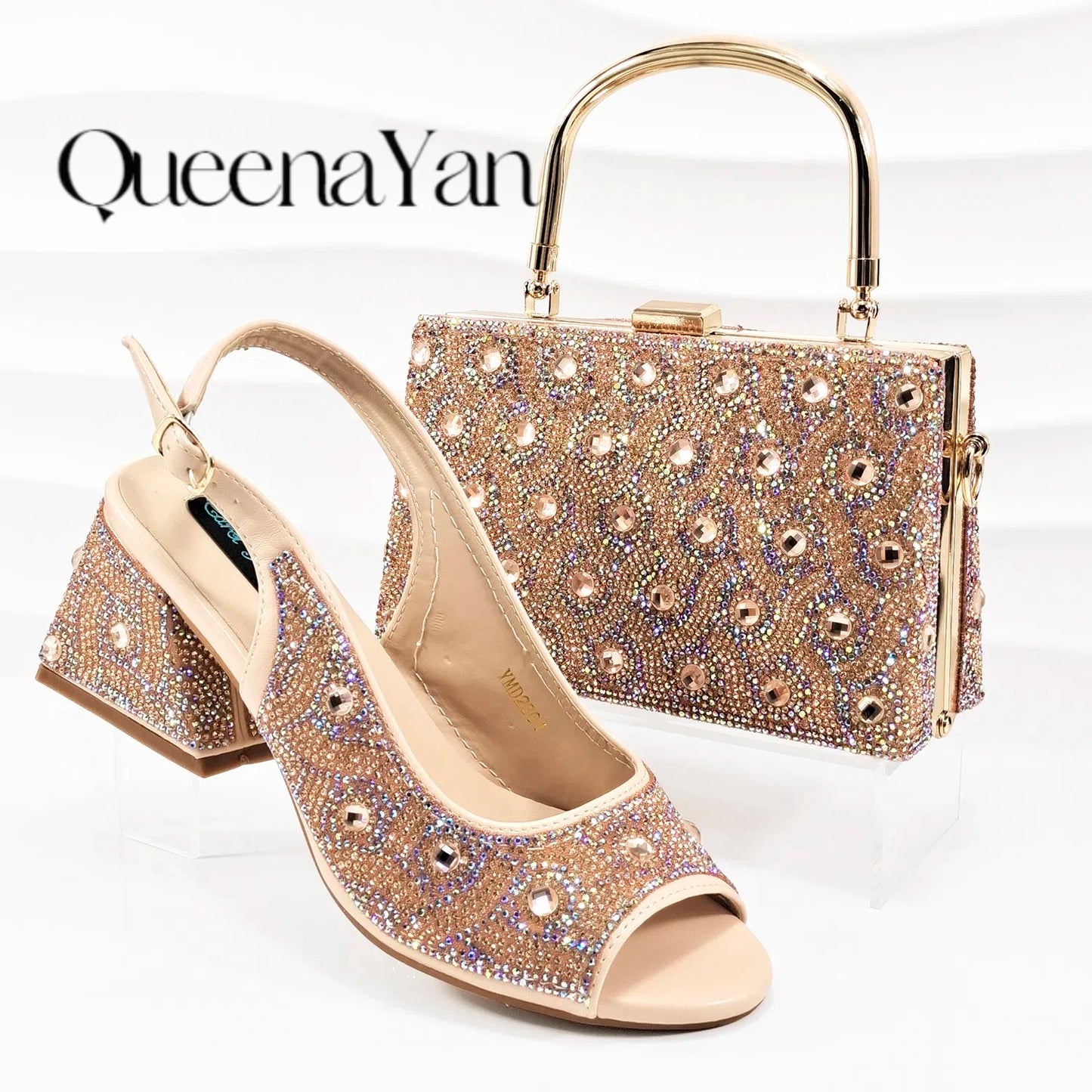 Square Heel Shoes! Hand-held Three-Dimensional Bag and Shoes Set From the Same Series/Open Toe Shoes and Evening Bag