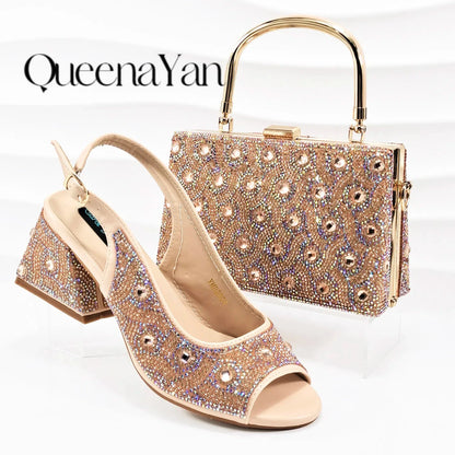 Square Heel Shoes! Hand-held Three-Dimensional Bag and Shoes Set From the Same Series/Open Toe Shoes and Evening Bag