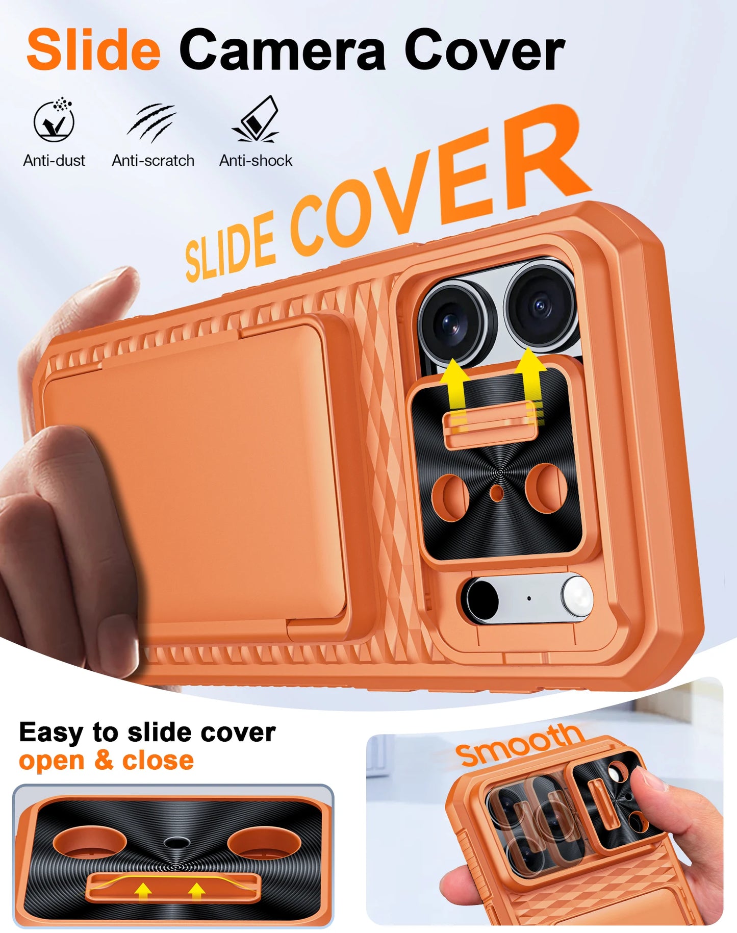 With Card Holder Sliding Camera Cover And Stand For iPhone 17 Pro/17 Pro Max Phone Case, Anti-Fall PC+TPU Wallet Case-Orange