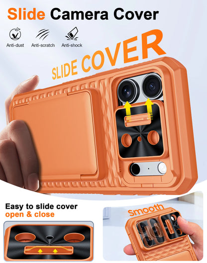 With Card Holder Sliding Camera Cover And Stand For iPhone 17 Pro/17 Pro Max Phone Case, Anti-Fall PC+TPU Wallet Case-Orange