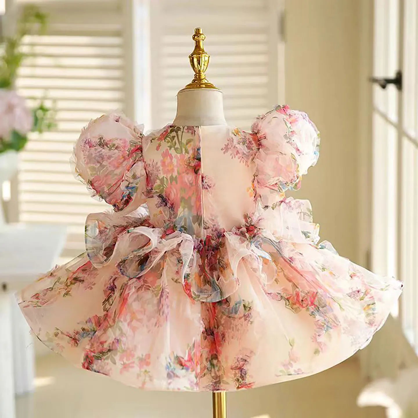 J410 Lovely Floral Pink Girl Dress Puff Sleeves for Kids Princess Holiday Birthday Party Ball Gown
