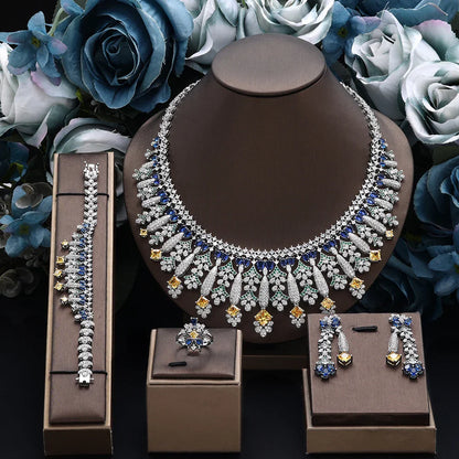 4pcs Bridal Zirconia Full Jewelry Sets For Women Party, Luxury Dubai Nigeria CZ Crystal Wedding Jewelry Sets