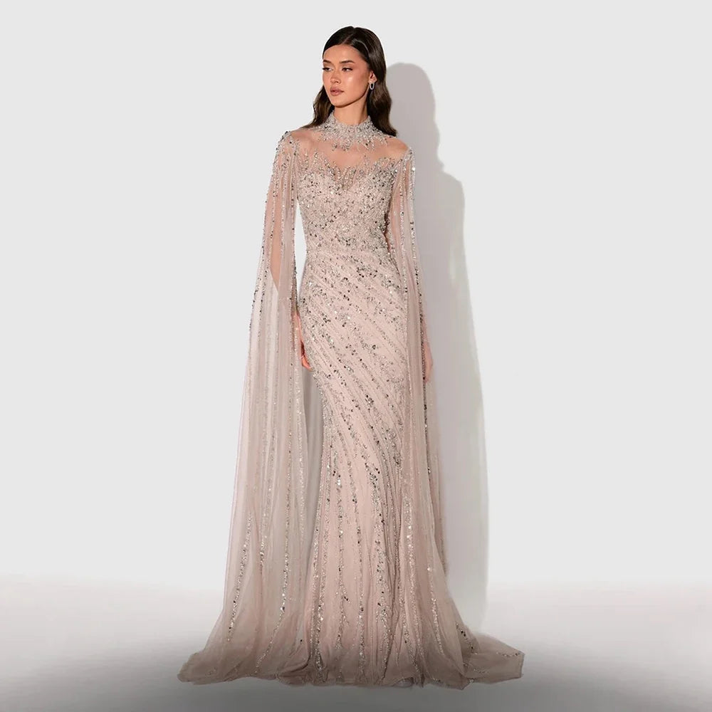 Luxury Beaded Evening Dress Cape Sleeve Dubai Sheer Neck Mermaid Formal Prom Wedding Party Gown Customized 2026