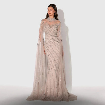 Luxury Beaded Evening Dress Cape Sleeve Dubai Sheer Neck Mermaid Formal Prom Wedding Party Gown Customized 2026
