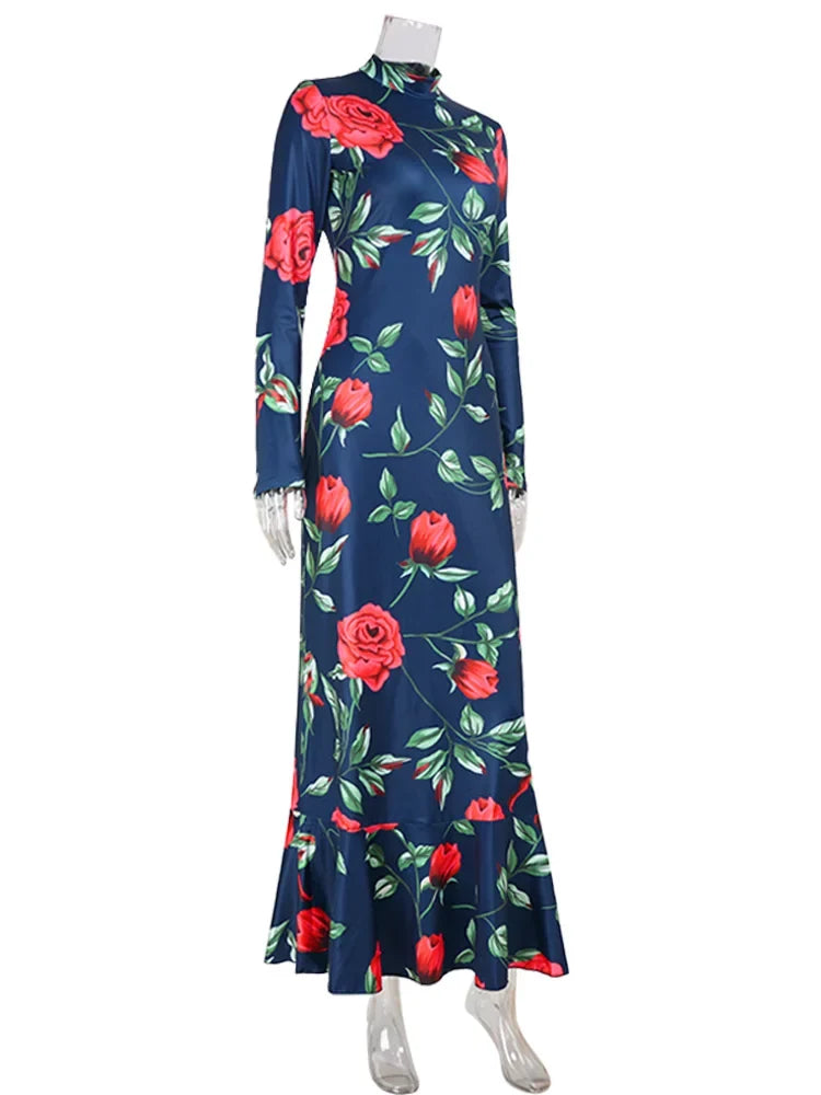 Fashion Women's Maxi Dresses Print Sexy Turtleneck Regular Long Sleeves Fishtail Autumn Sheath Bodycon Trend Vestidos