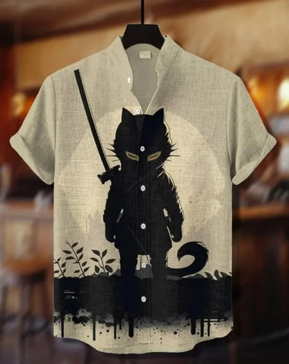 Men's Samurai Hawaiian Shirt Casual Short Sleeve Top Loose Clothing Fashion Retro Summer Shirt