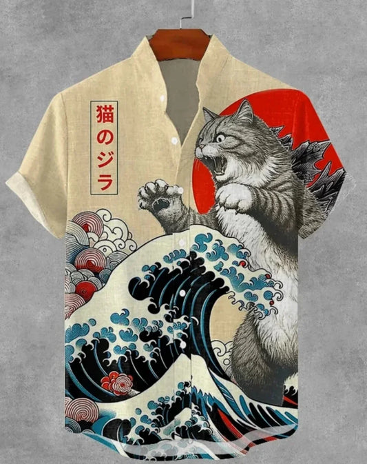 Men's Samurai Hawaiian Shirt Casual Short Sleeve Top Loose Clothing Fashion Retro Summer Shirt