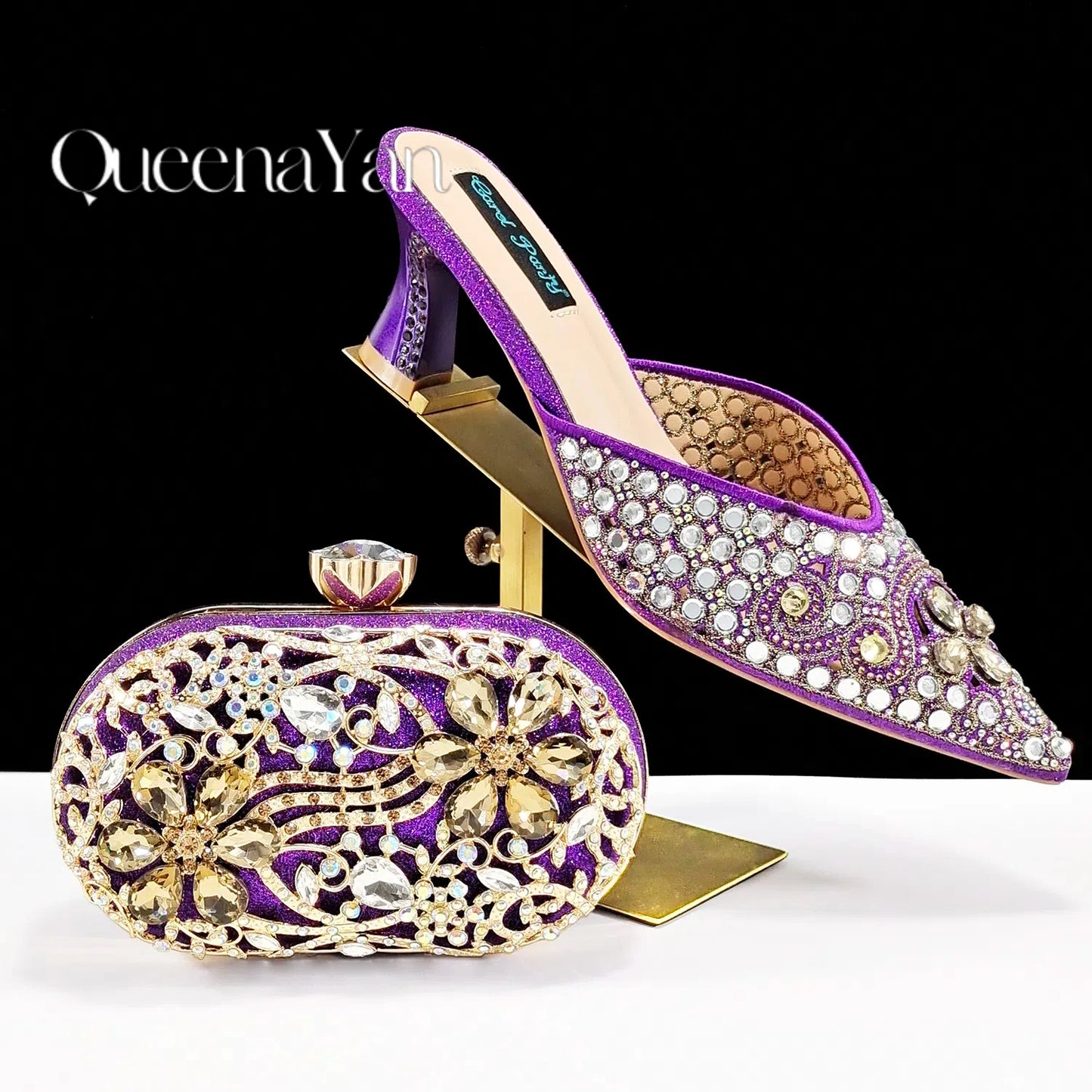 Luxury Pink Rhinestone Party Shoes and Clutch for Women- Elegant Crystal Heels with Matching Evening Bag