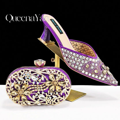 Luxury Pink Rhinestone Party Shoes and Clutch for Women- Elegant Crystal Heels with Matching Evening Bag
