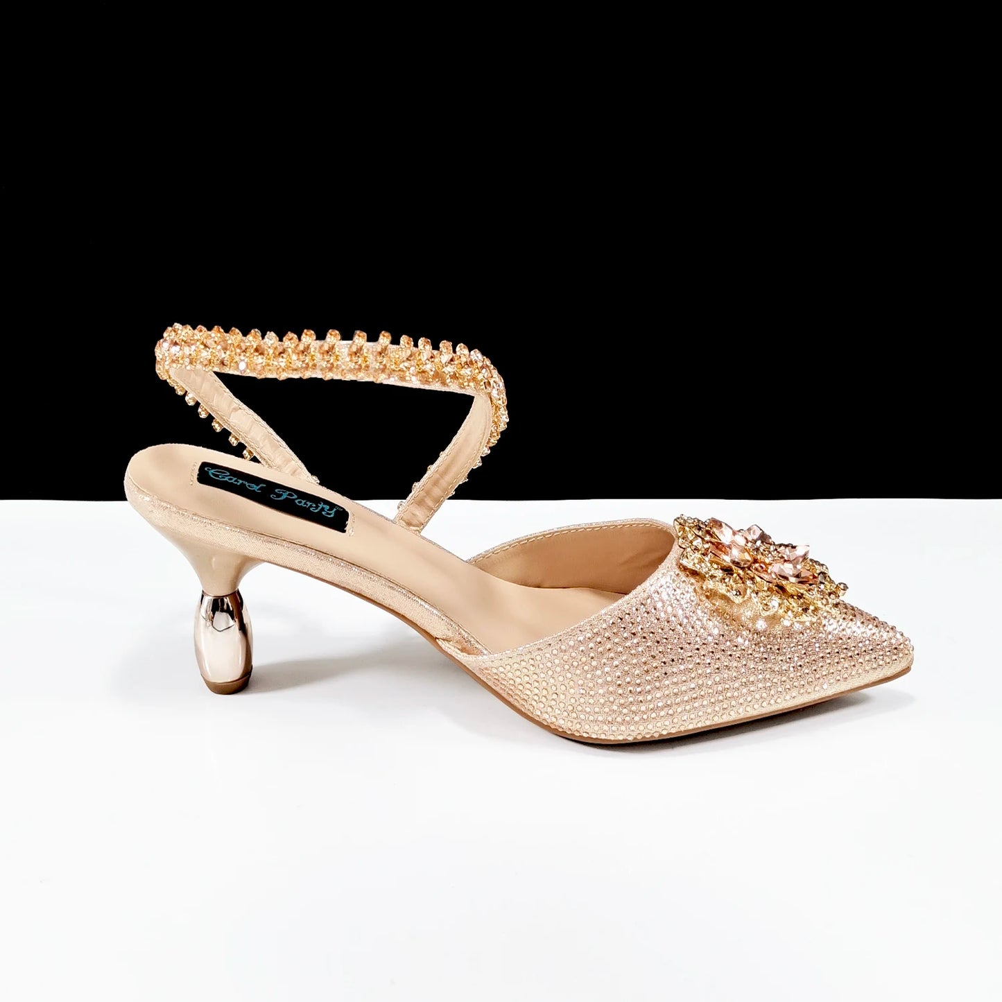 2024 Party Perfection: Rhinestone-Embellished Heels and Gold Mini Bag for Elegant Nights
