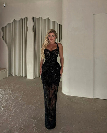 Customized Mermaid Lace Sequins Sheath Prom Dress Halter Neck Sleeveless Vestidos De Noche Floor-Length Formal Evening