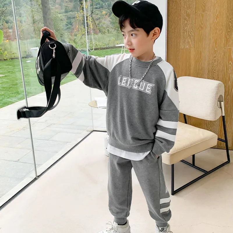 Boys Contrast Alphabet Sweatshirt+Sweatpant School Kids 2PCS Tracksuit Child Jogger Outfit Student Active Workout Set 3-14 Yr
