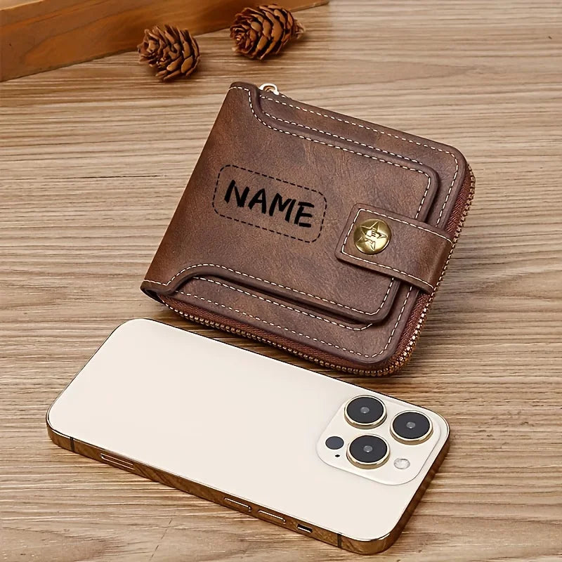 Custom Name Men's PU Wallet, Compact Metal Texture Zip Card Case with Coin Pocket, Personalized Gift, Fashion Daily Accessory