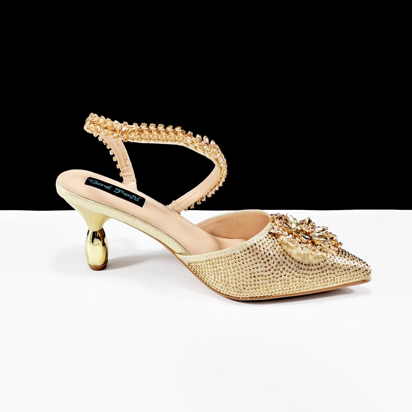 2024 Party Perfection: Rhinestone-Embellished Heels and Gold Mini Bag for Elegant Nights