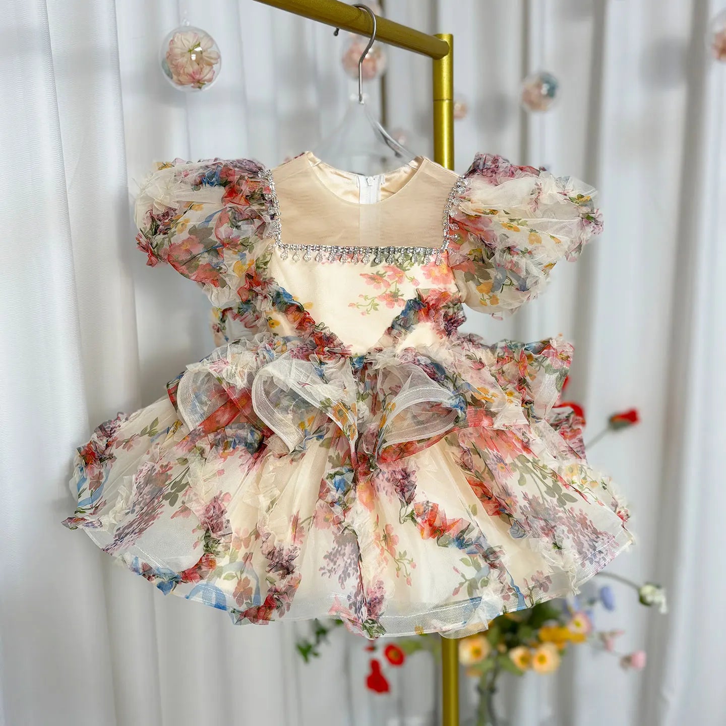J410 Lovely Floral Pink Girl Dress Puff Sleeves for Kids Princess Holiday Birthday Party Ball Gown