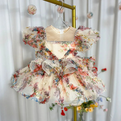 J410 Lovely Floral Pink Girl Dress Puff Sleeves for Kids Princess Holiday Birthday Party Ball Gown
