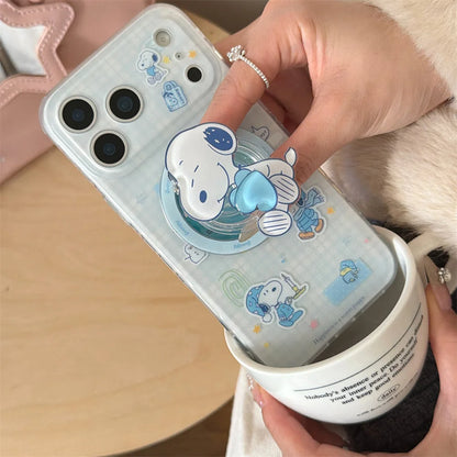 Ins Plaid Kawaii Snoopy Magnetic Phone Case for iPhone 17 Pro 13 14 15 16 Pro Max Cover With Magsafe Stand Cute Shockproof Funda