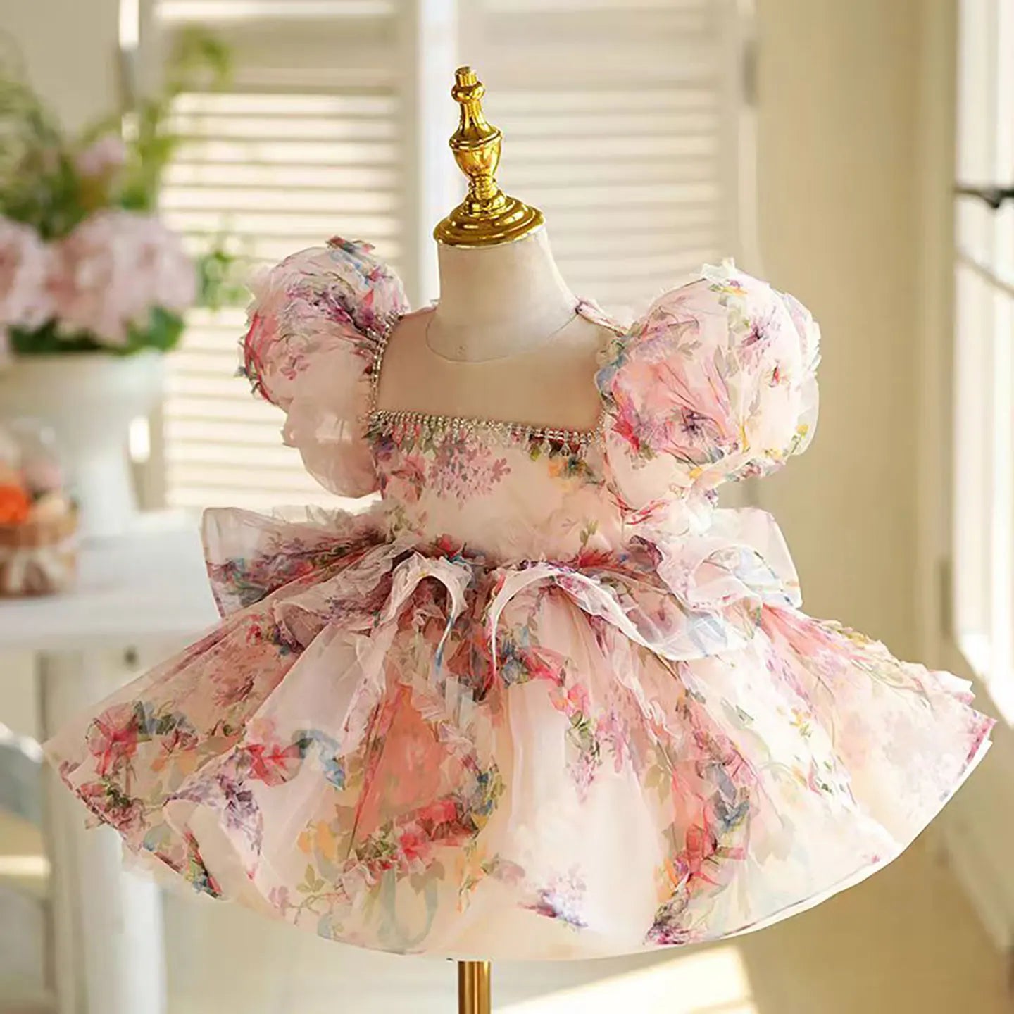 J410 Lovely Floral Pink Girl Dress Puff Sleeves for Kids Princess Holiday Birthday Party Ball Gown