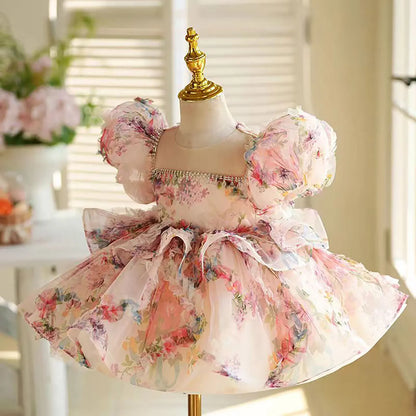 J410 Lovely Floral Pink Girl Dress Puff Sleeves for Kids Princess Holiday Birthday Party Ball Gown