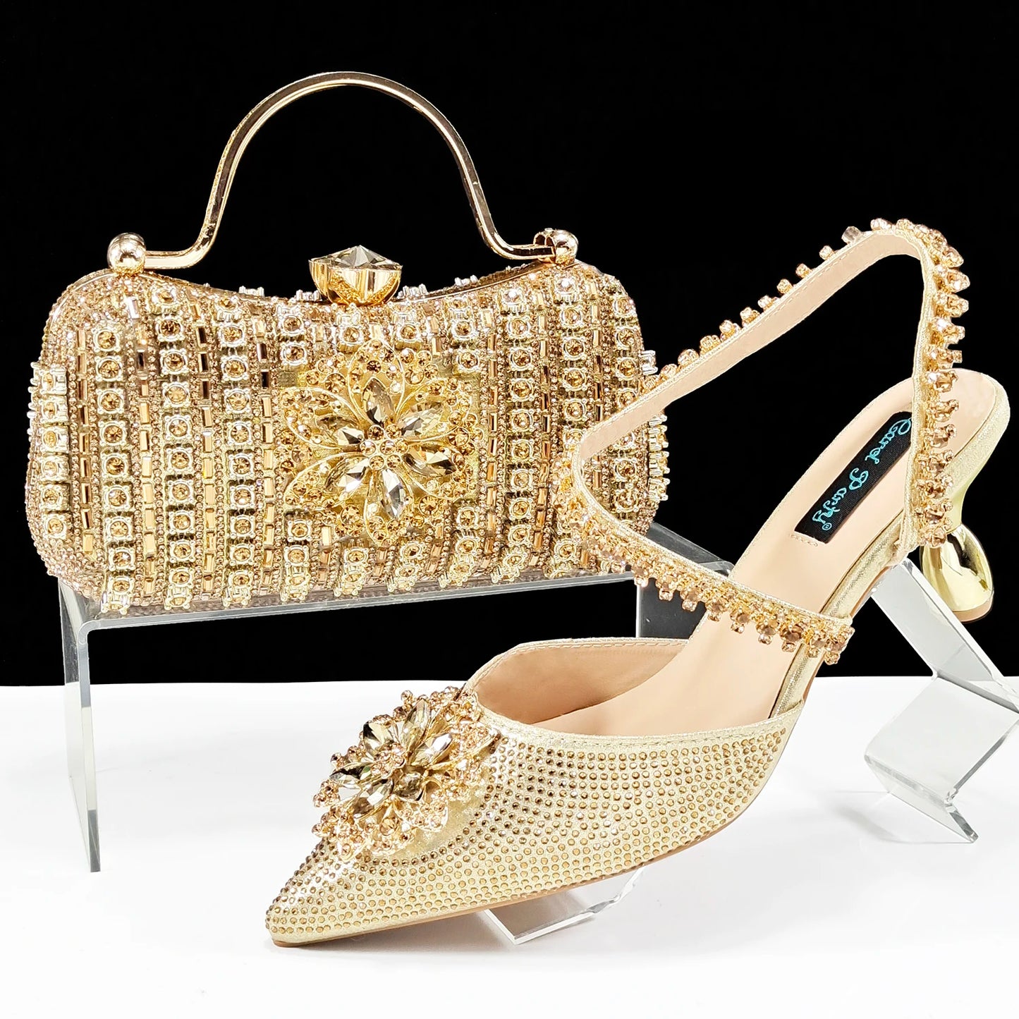 2024 Party Perfection: Rhinestone-Embellished Heels and Gold Mini Bag for Elegant Nights