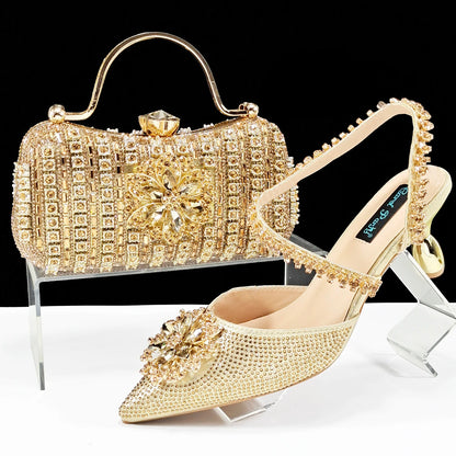 2024 Party Perfection: Rhinestone-Embellished Heels and Gold Mini Bag for Elegant Nights
