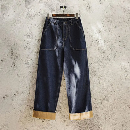 Women’s Loose Straight Leg Denim Jeans  Casual Pants with Paris Buckle Wide Leg Autumn Vintage Trousers