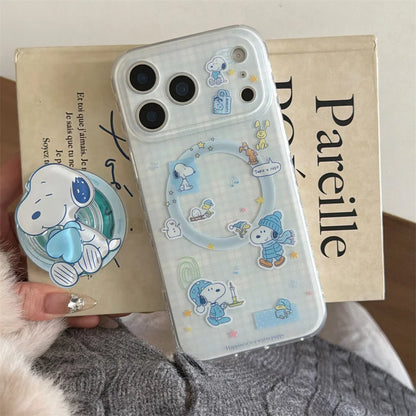 Ins Plaid Kawaii Snoopy Magnetic Phone Case for iPhone 17 Pro 13 14 15 16 Pro Max Cover With Magsafe Stand Cute Shockproof Funda