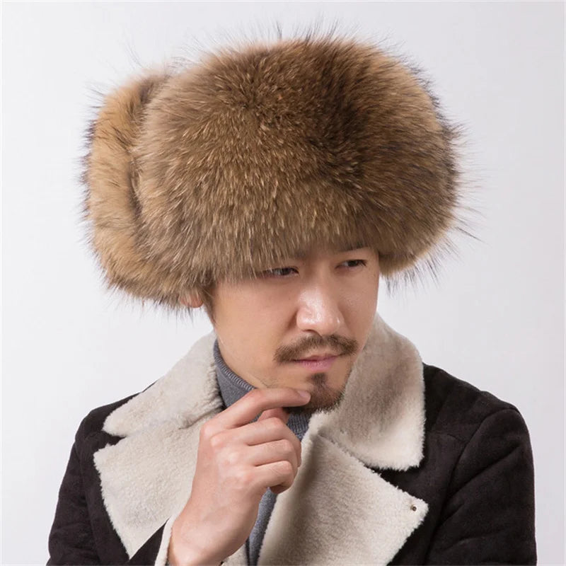 2024 Winter Hat Men Trapper Russian Sliver Fox Hat Ushanka Mens Hats Fashion Raccoon Fur Hats Caps Ski Hat Bomber Real Fur Hat