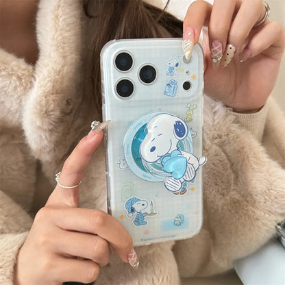 Ins Plaid Kawaii Snoopy Magnetic Phone Case for iPhone 17 Pro 13 14 15 16 Pro Max Cover With Magsafe Stand Cute Shockproof Funda