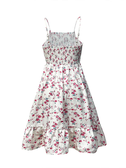 Women's Floral Print Shirred Spaghetti Strap Dress - Summer Boho Ruffle Sundress Casual Beach Maxi Dress