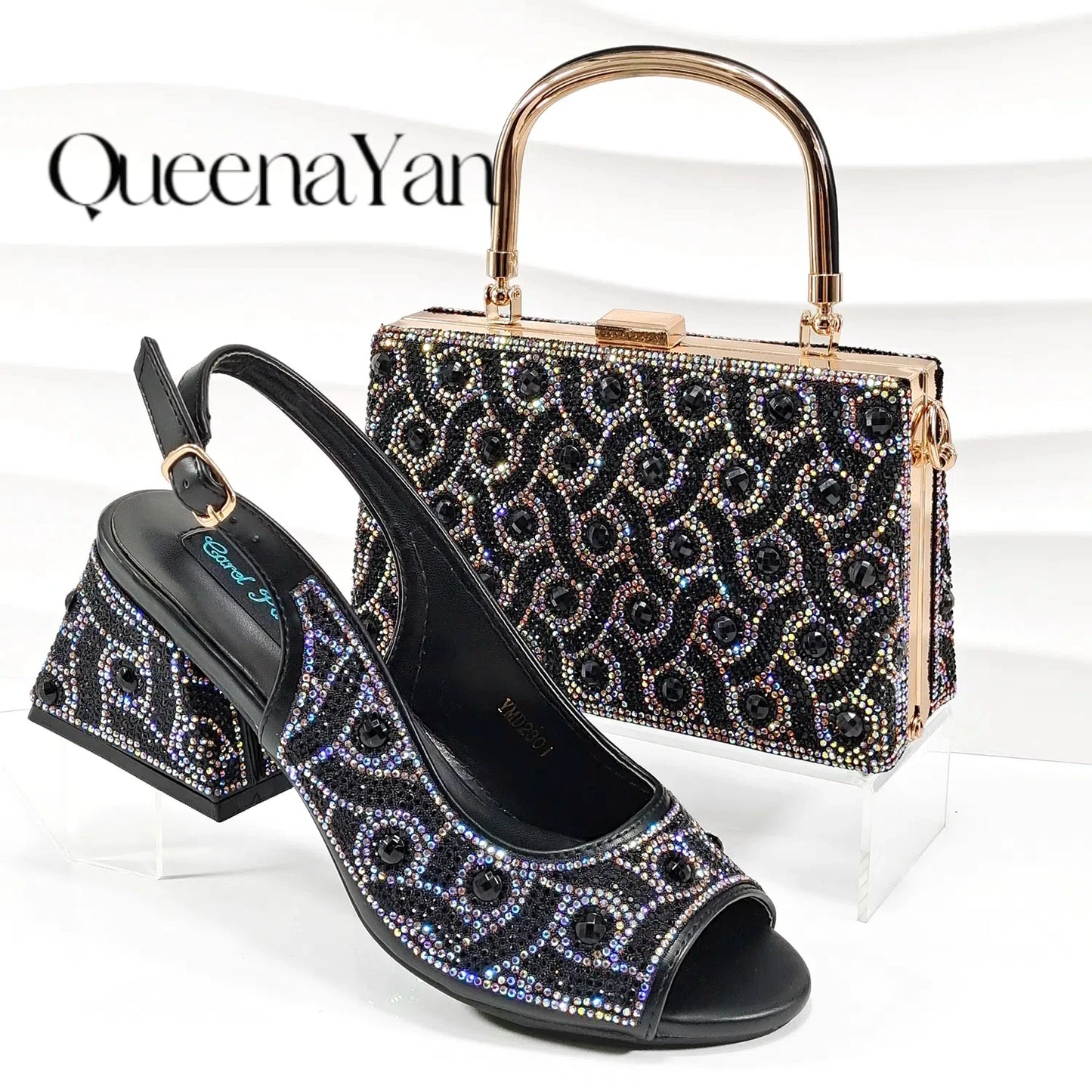 Square Heel Shoes! Hand-held Three-Dimensional Bag and Shoes Set From the Same Series/Open Toe Shoes and Evening Bag