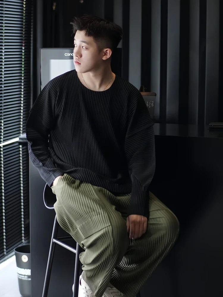 Pleated Man Loose Cargo Pants Nine-point Pants Fashion Casual Streetwear Miyake Pants