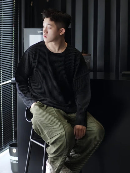 Pleated Man Loose Cargo Pants Nine-point Pants Fashion Casual Streetwear Miyake Pants