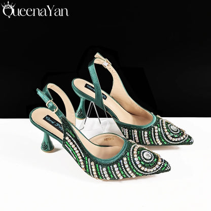 Nigerian Party Shoes Only shoes OR with bag set in Green  High Heel, Elegant Matching for Weddings & Special Occa