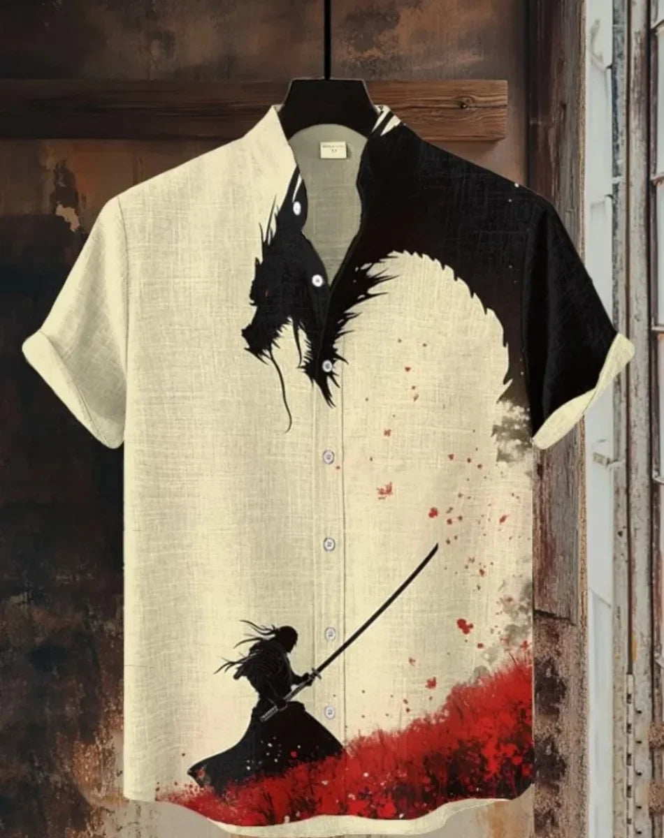 Men's Samurai Hawaiian Shirt Casual Short Sleeve Top Loose Clothing Fashion Retro Summer Shirt