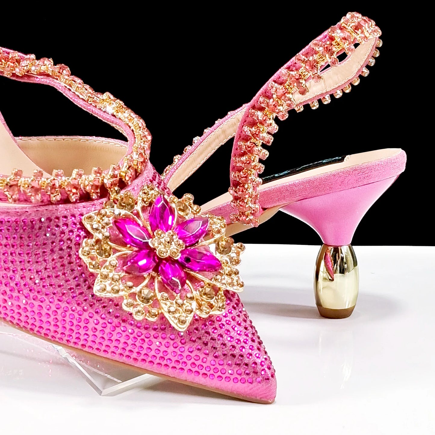 2024 Party Perfection: Rhinestone-Embellished Heels and Gold Mini Bag for Elegant Nights