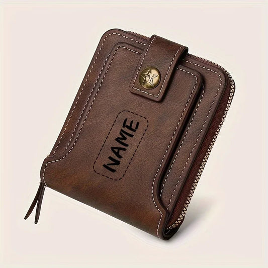 Portefeuille en PU pour homme avec nom personnalisé, porte-cartes zippé compact à texture métallique avec porte-monnaie, cadeau personnalisé, accessoire de mode quotidien