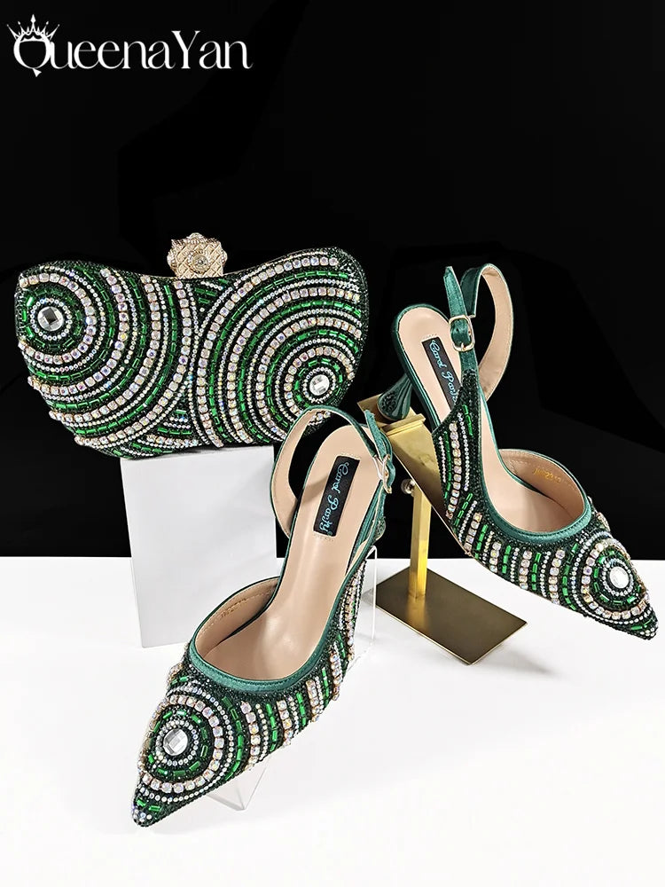 Nigerian Party Shoes Only shoes OR with bag set in Green  High Heel, Elegant Matching for Weddings & Special Occa