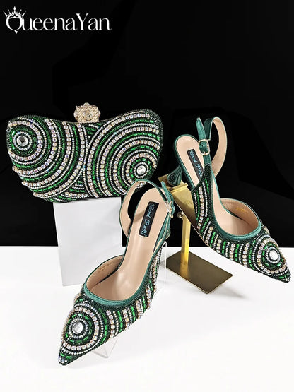 Nigerian Party Shoes Only shoes OR with bag set in Green  High Heel, Elegant Matching for Weddings & Special Occa